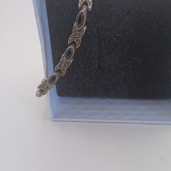 Vintage Sterling Silver 925 Black Onyx Marcasite Thai Tennis Bracelet, 7" with - Picture 6 of 6
